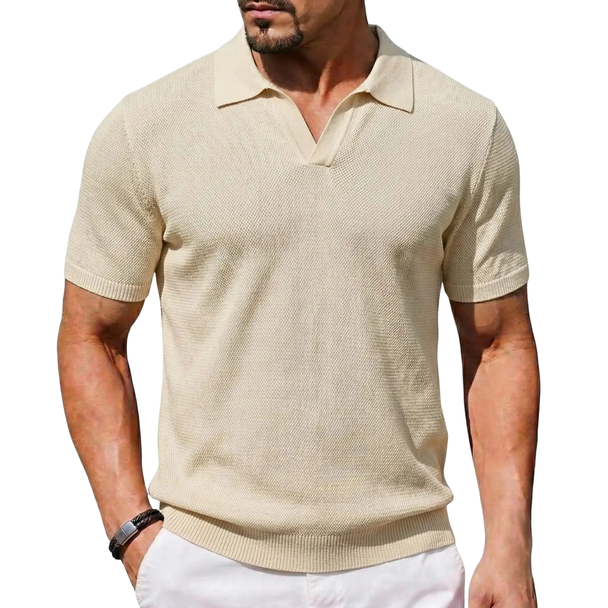 2026 Men's V Neck Short Sleeve Stretch Knit Polo Shirt