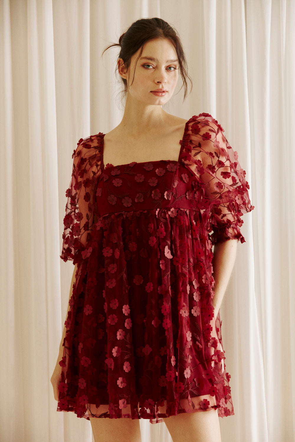 Adelina Burgundy 3D Floral Embroidered Dress