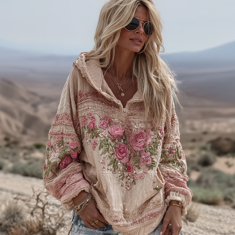 Women's Vintage Rose Floral Art Casual Half Zip Sweatshirt