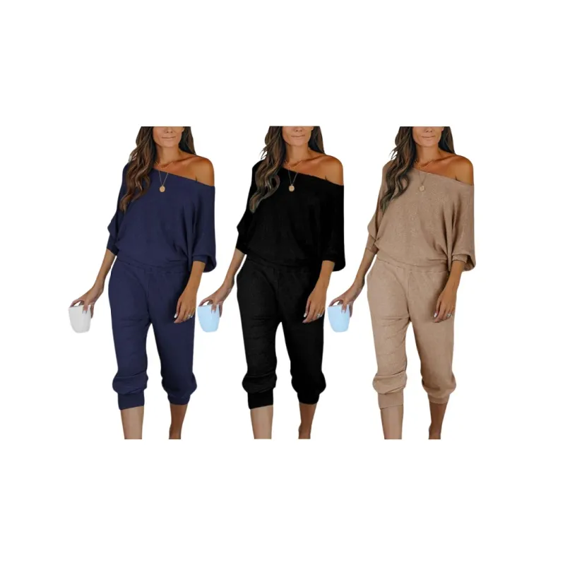 Women's 2-Piece Set Ribbed Knit Off Shoulder Tops Lounge Pants Tracksuit