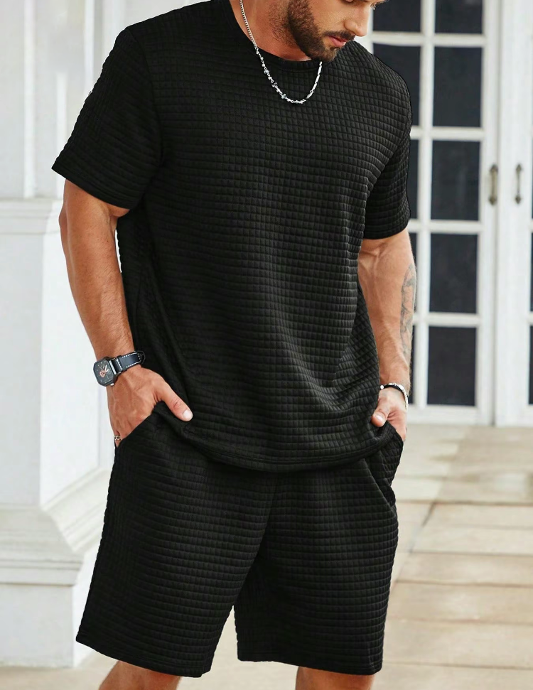 Plus Size Men's Summer 2-Piece Set – Waffle Knit Tee & Pocket Shorts | Casual Regular Fit Outfit
