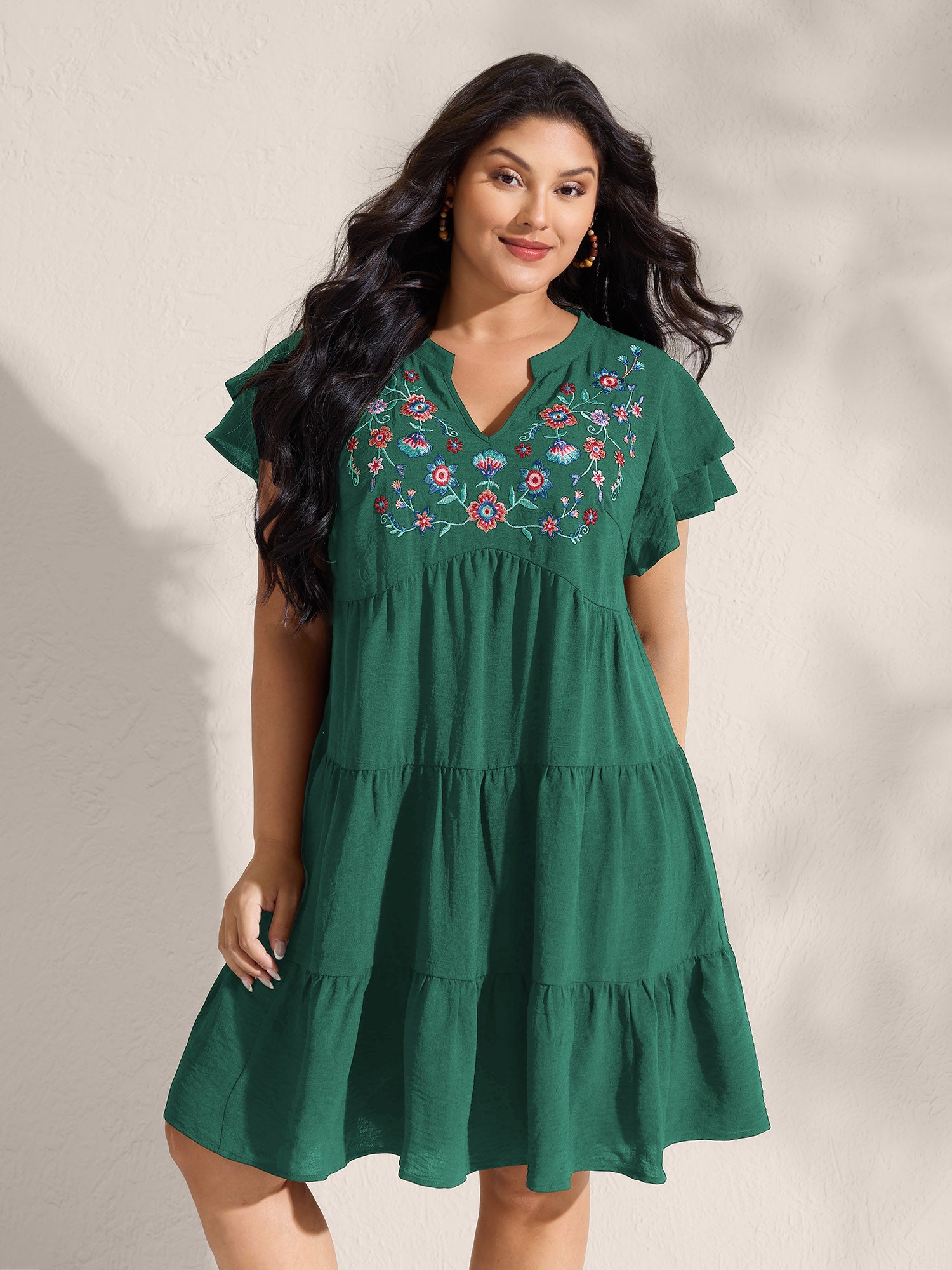 Embroidered Neckline A-Line Ruffled Knee-Length Dress