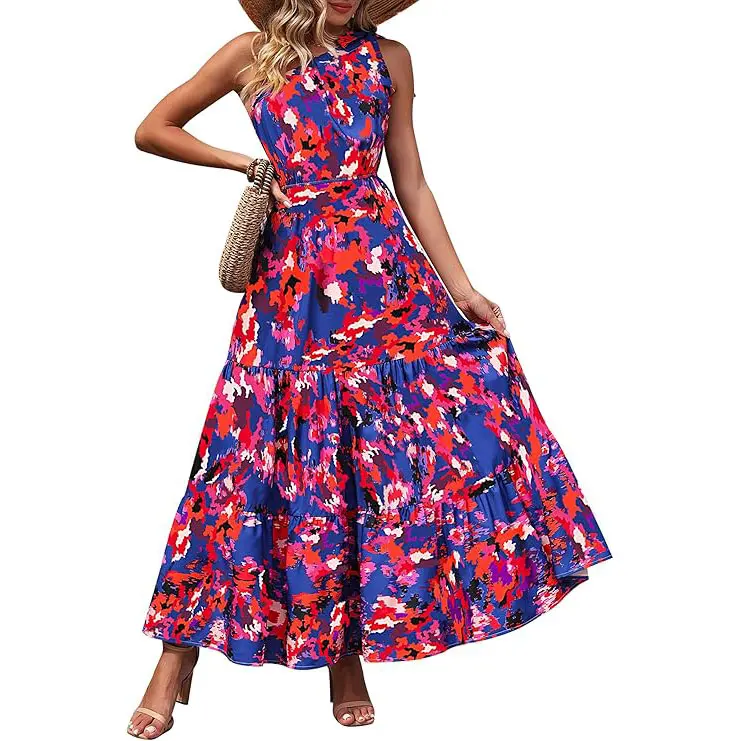 PrettyGarden Boho Chic Floral Maxi Dress - One Shoulder, Ruffle, Sleeveless, Flowing Summer Beach Wedding Guest Dress- Womenswear