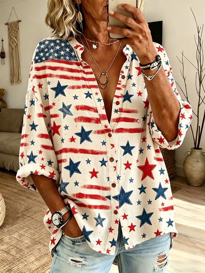 Women'S Casual Independence Day Retro Star Stripe Flag Printed Cotton And Linen Shirt