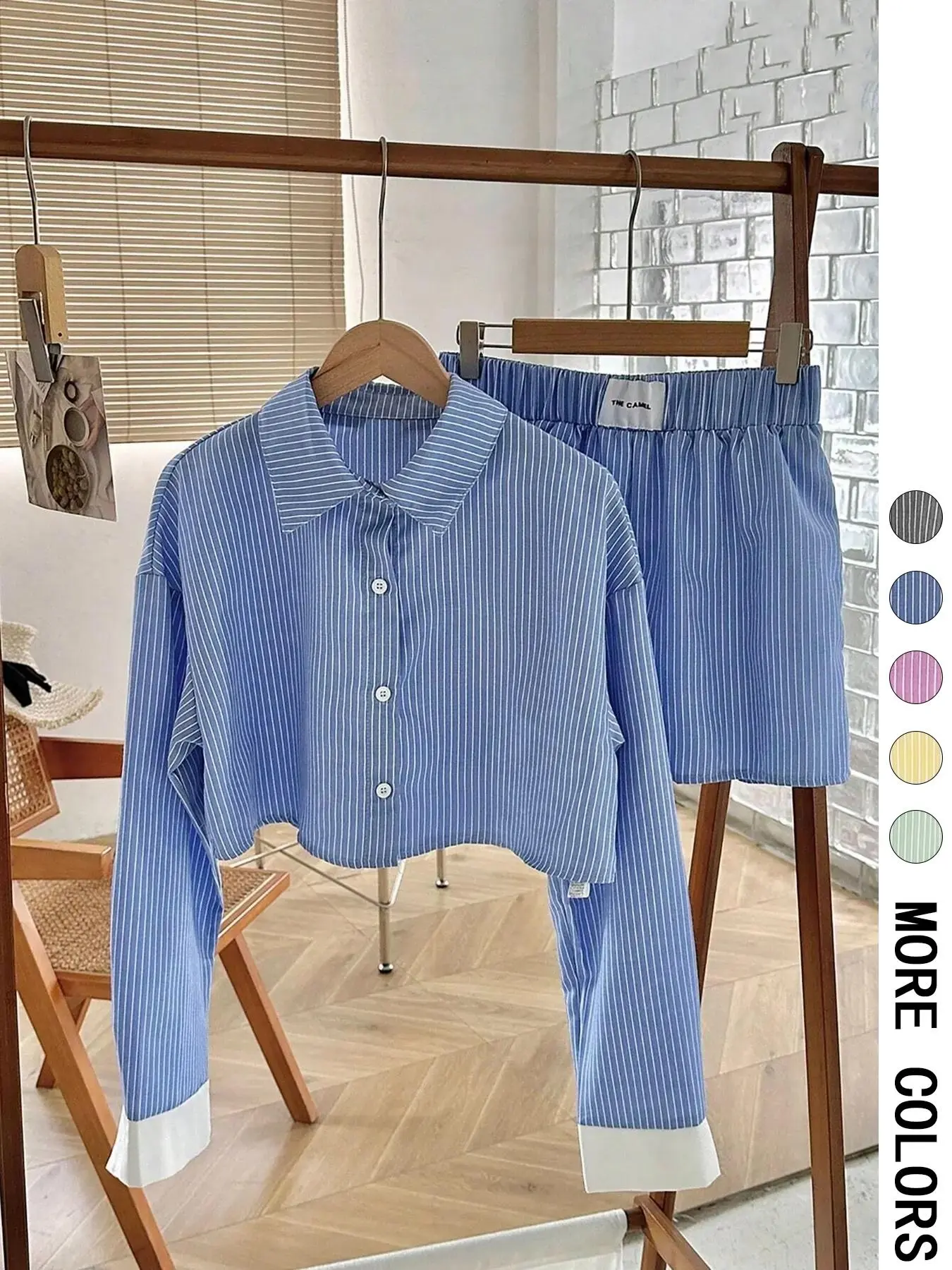 Women's Striped Print Button Front Shirt & Shorts Two-Piece Set