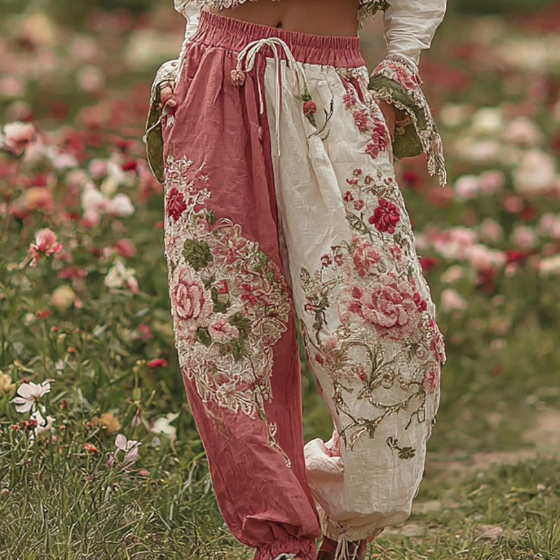 Rose Floral Patchwork Waist Elastic Pocket Pants