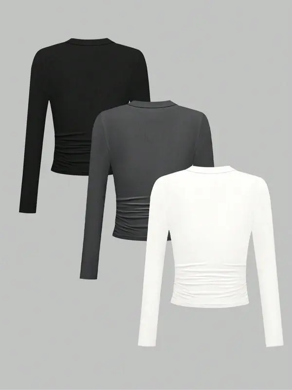 Knit Solid Color Long Sleeve V Neck Slim