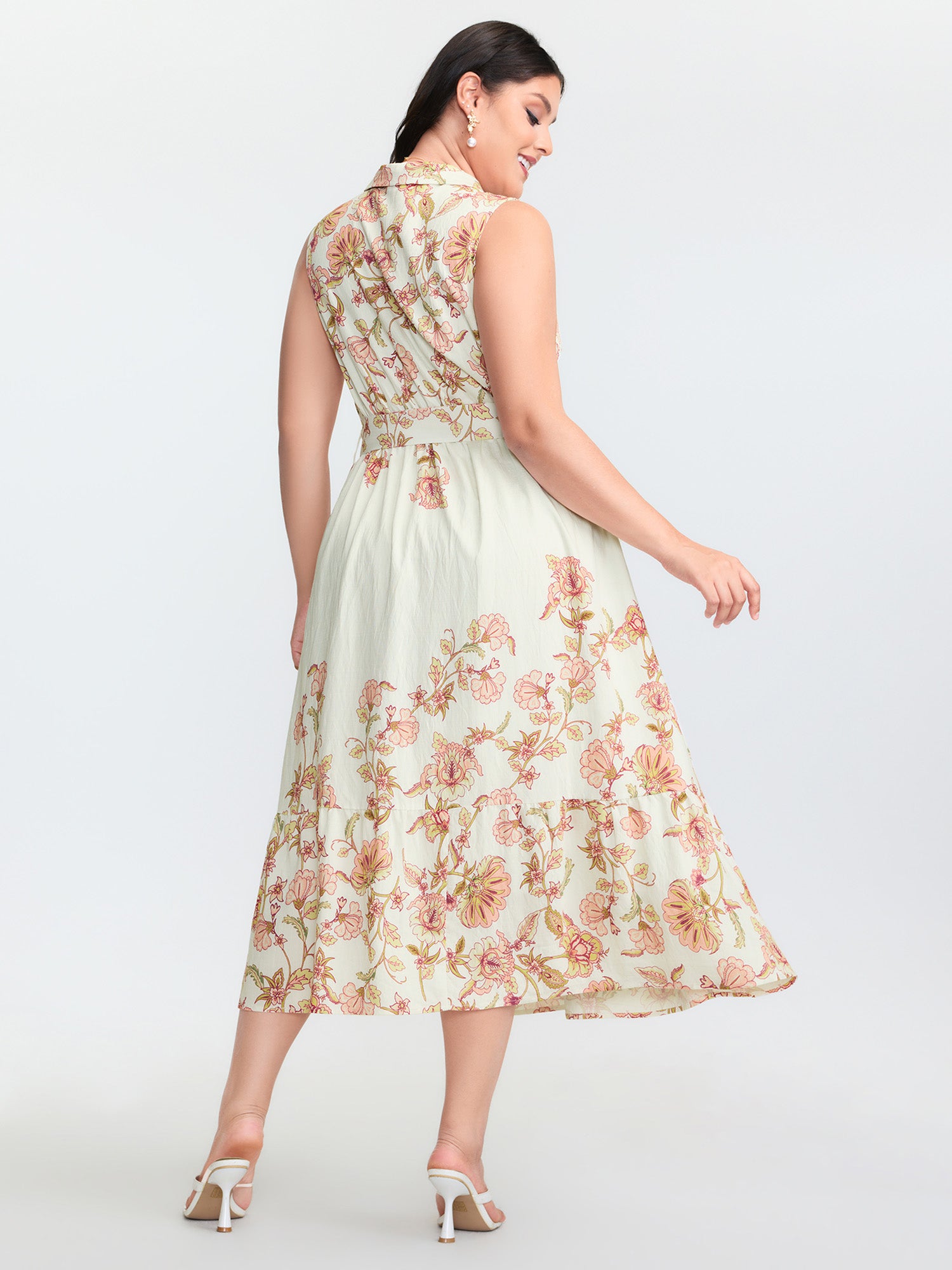 Soft Floral Print Collar Slit Midi Dress