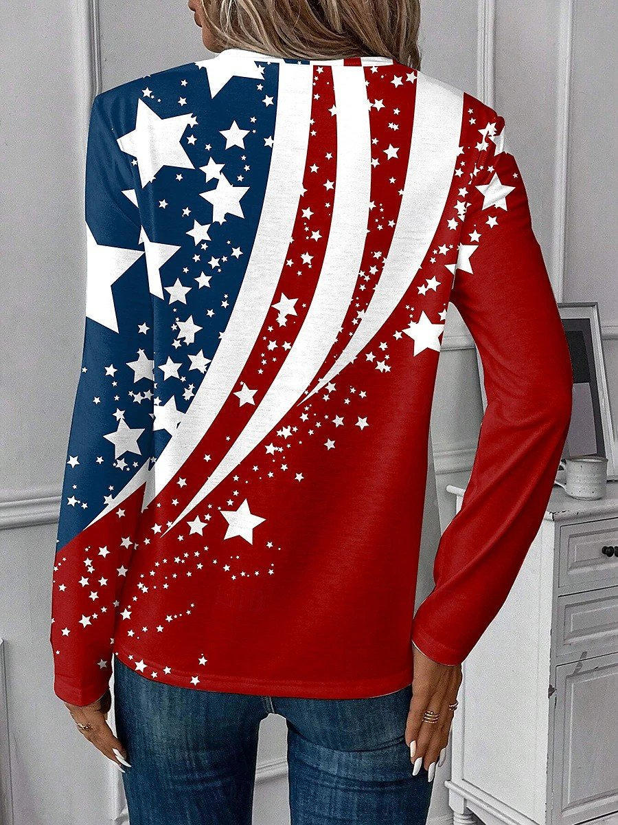 Casual America Flag Printing V Neck Long Sleeve T-shirt