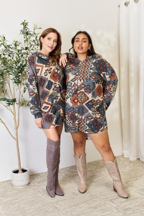 Full Size Printed Button Up Hooded Jacket