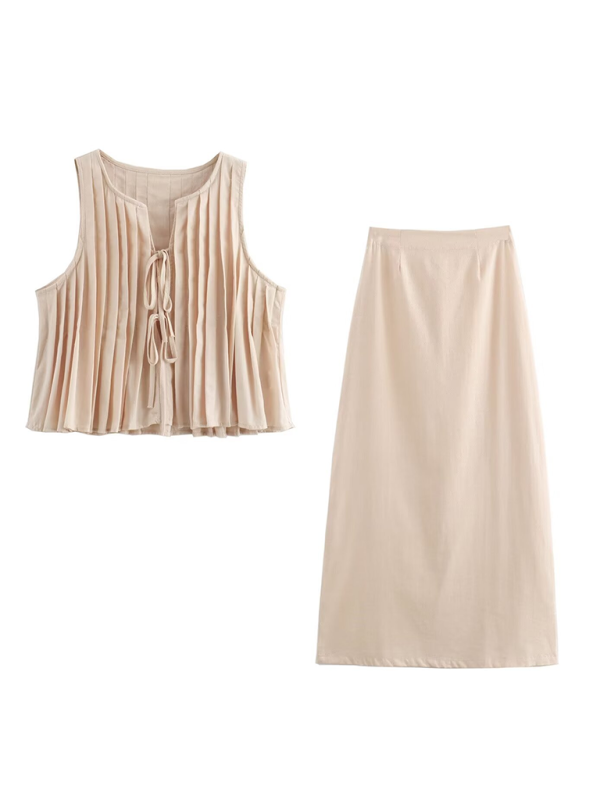 Simple Pleated Shirt Vest Skirt Suit