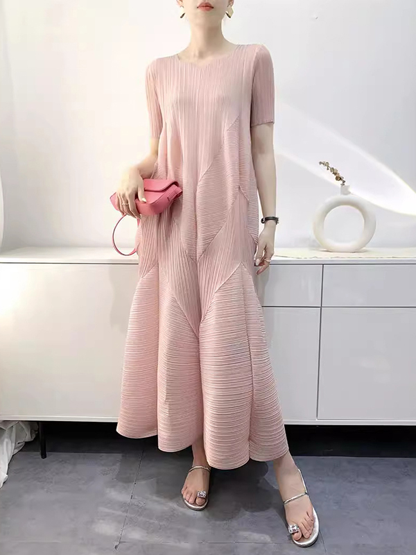 Pleated Solid Color Split-Joint Loose Short Sleeves V-Neck Midi Dresses