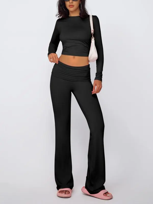 Women'S Solid Long Sleeve Crop Tee & Flare Leg Skinny Pants Loungewear Set