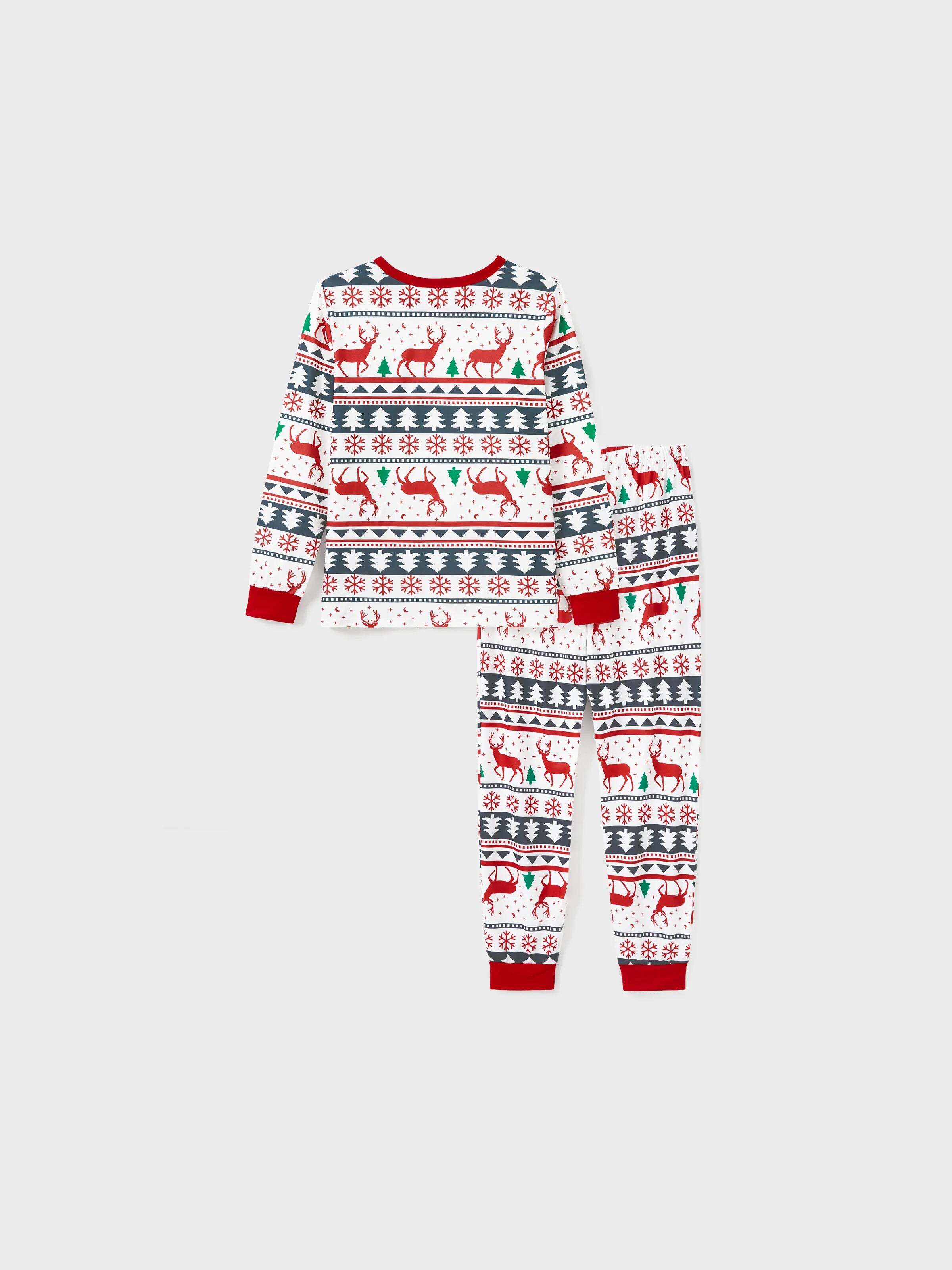 Family Christmas Pajamas All Over Reindeer Print Long-sleeve with Christmas Socks (SGS Certied Safety) Red+White