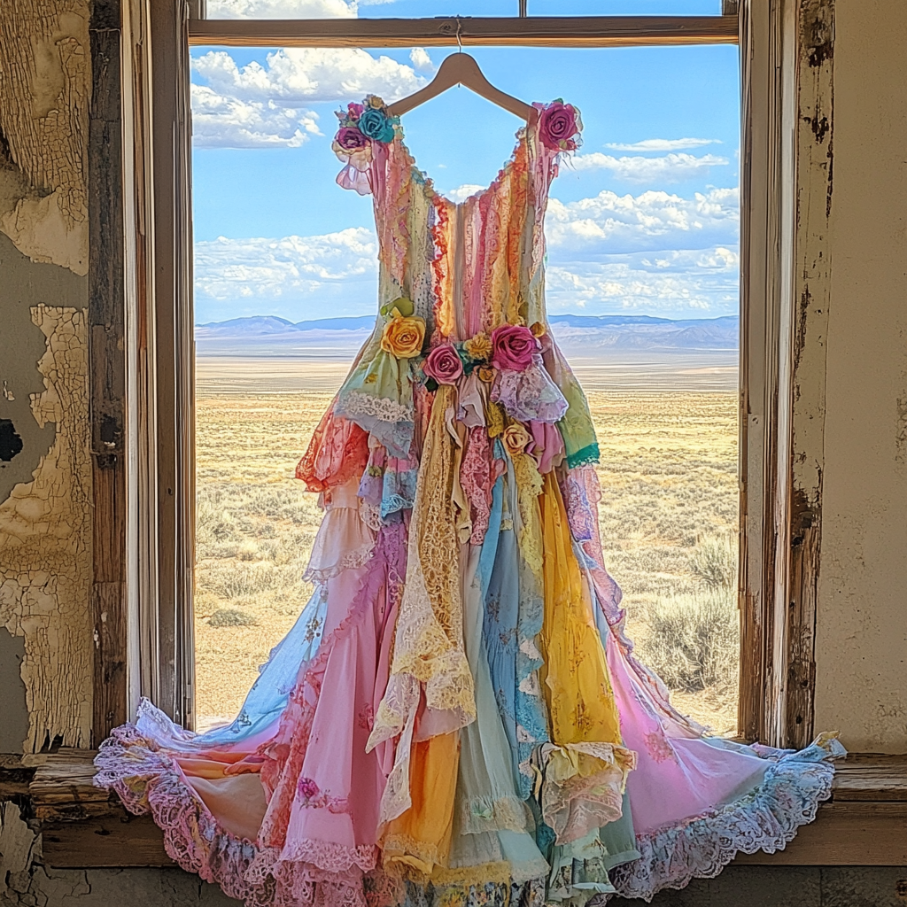 Windowsill Summer Romantic Lace Ruffle Monet Colors Dress 5b6e