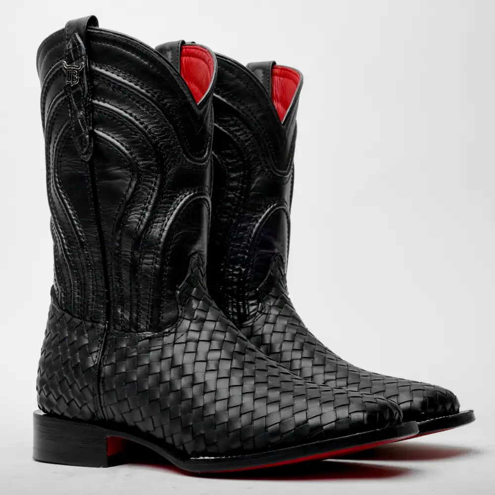 Black Basketweave Leather Boots - Square Toe