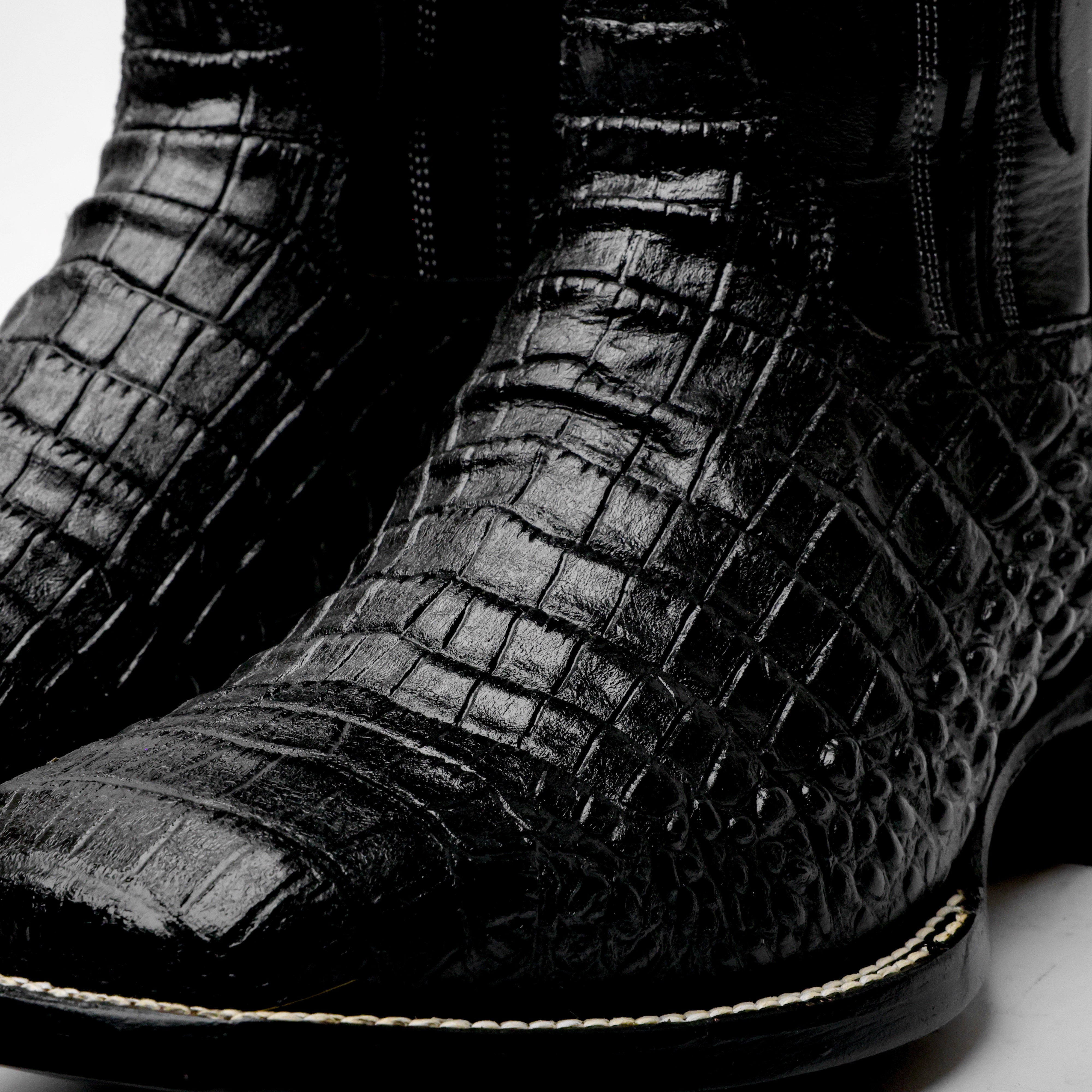 Total Black Caiman Belly Leather Boots - Square Toe