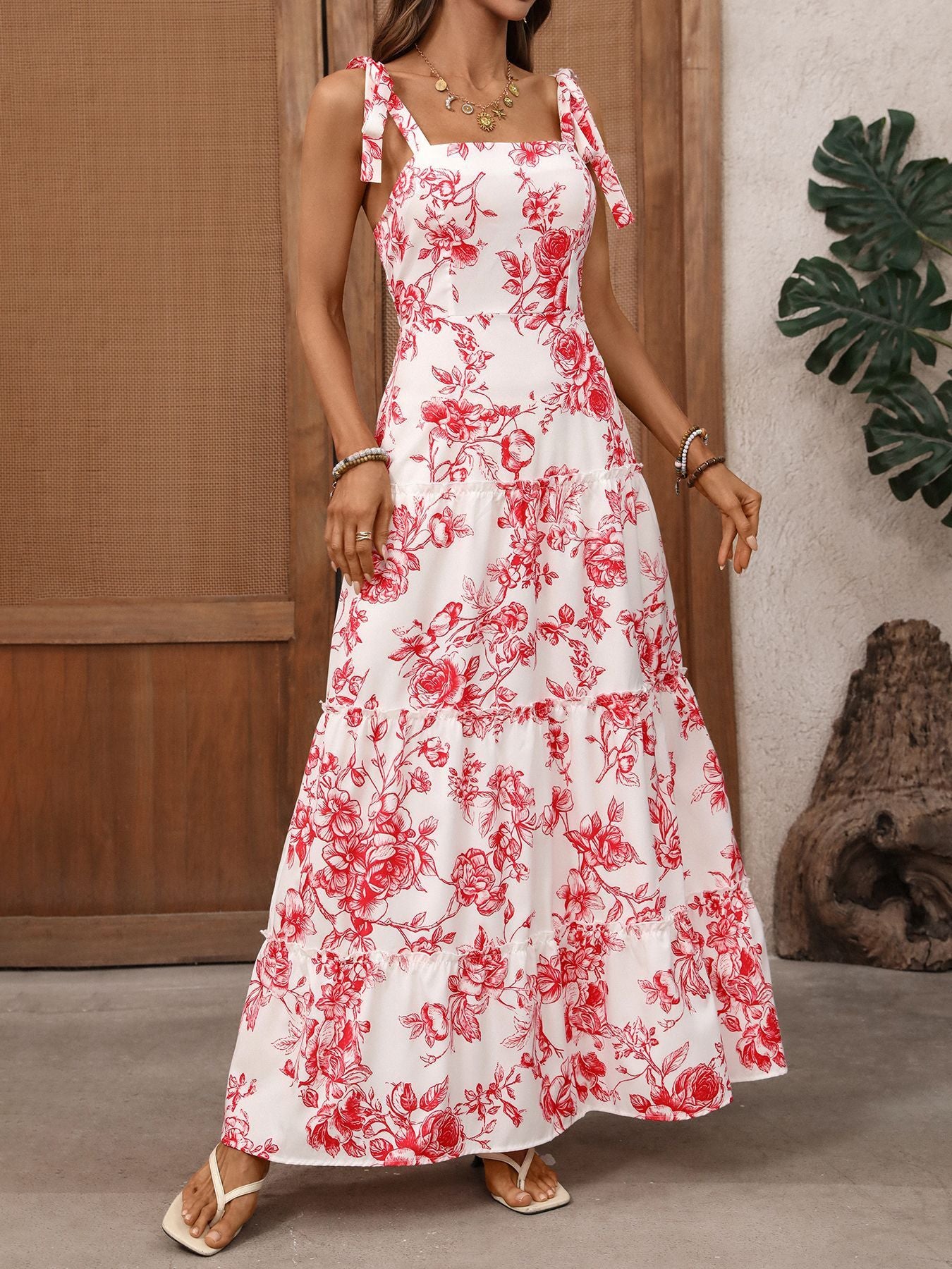 Floral Print Tie Strap Maxi Dress