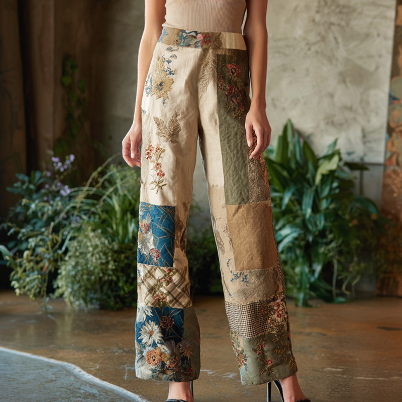 Women's Retro Bohemian Floral Patchwork Linen Trousers