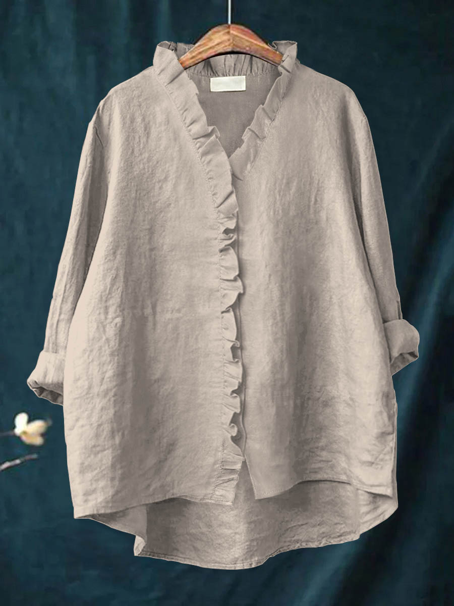 Women's Casual Cotton And Linen Ruffle Shirt