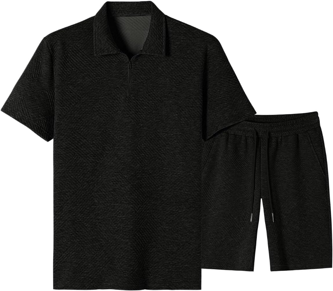 Men's Tracksuits 2 Piece Outfits Casual Sweatsuit Textured 1/4 Zip Short Sleeve Golf Polo Shirt and Short Sets