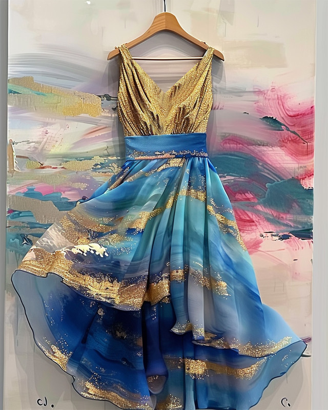 Summer vacation handmade gilded chiffon dress  f149