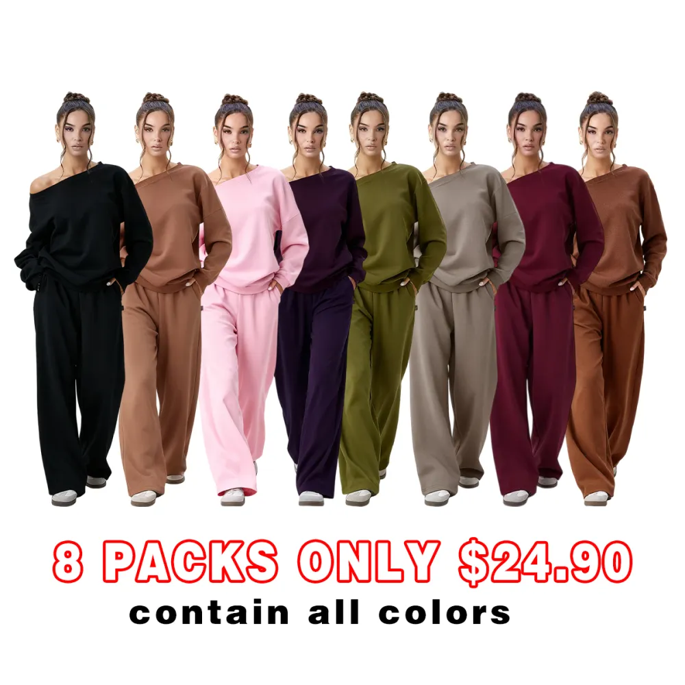 Women's Leisure Solid Color Sloping Shoulder Long Sleeve Top & Wide Leg Trousers Co-ord