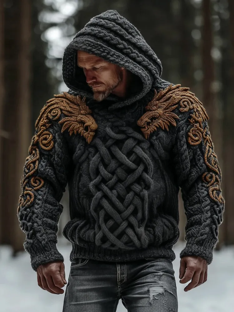 Men's Vintage Viking Dragon Celtic Art Knit Hooded Sweater