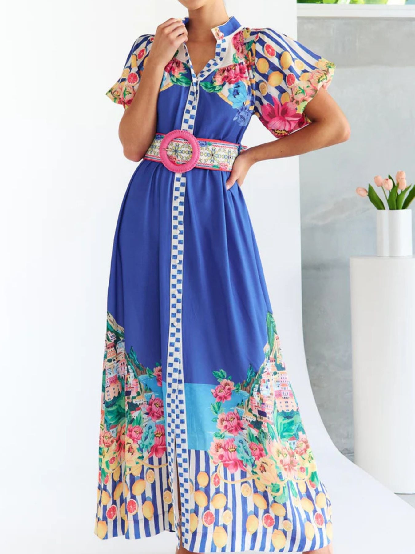 Printed Button Front Puff Sleeve Maxi Dress