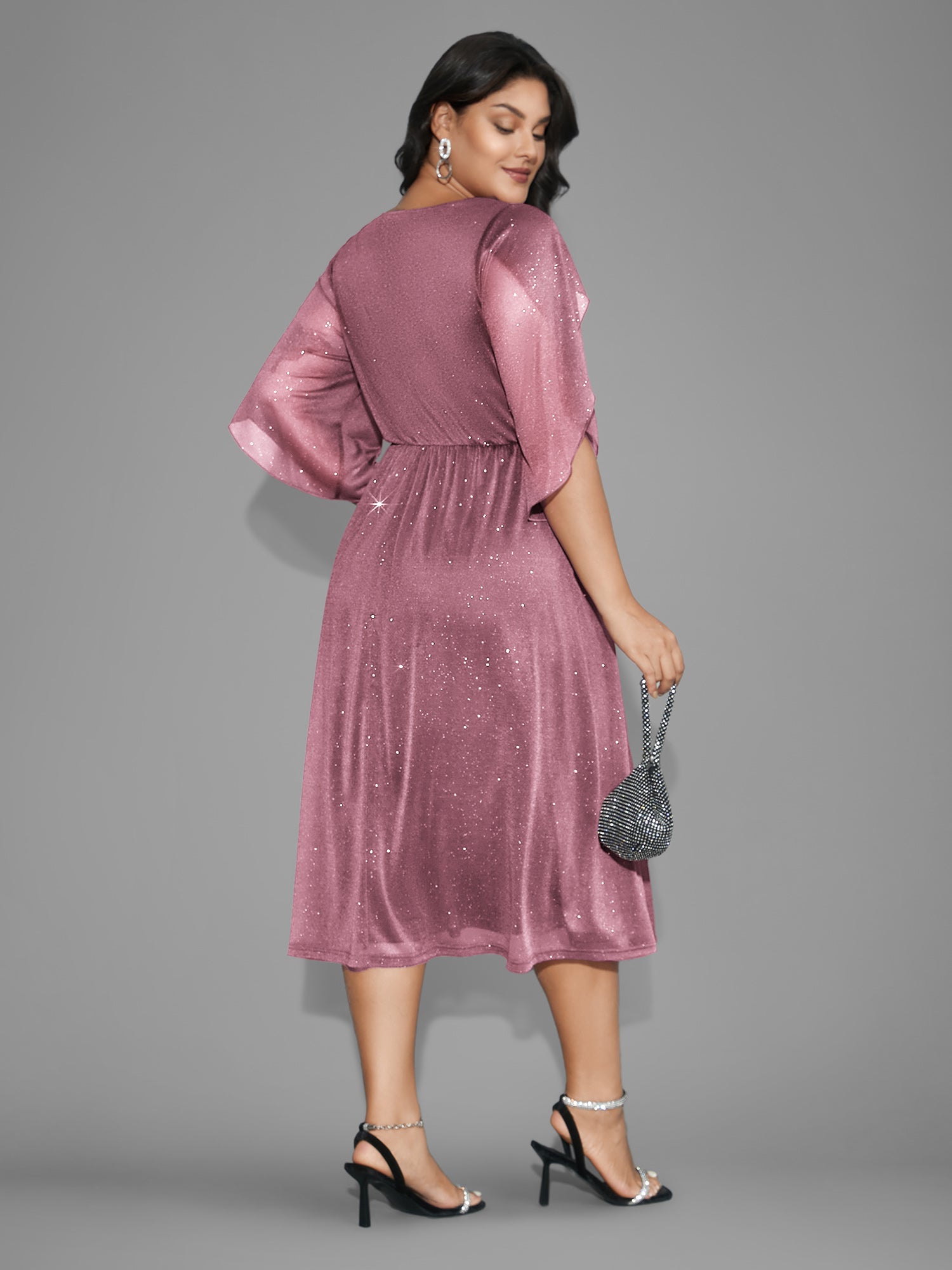 Glitter Mesh Petal Sleeve Midi Dress