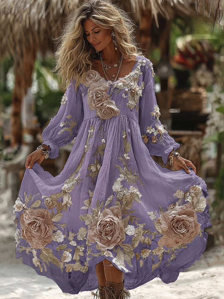 Women's Vintage Romantic White Rose Embroidery Art Comfy Linen Maxi Dress