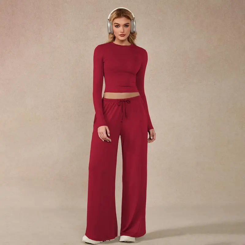 Women’s 2-Piece Activewear Set, Long Sleeve Crop Top & Wide-Leg Pants