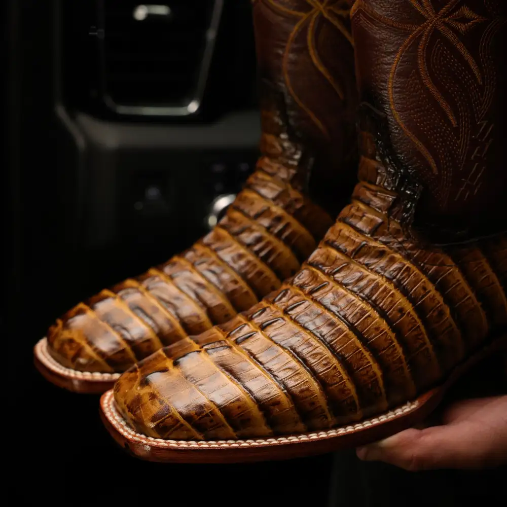 Honey Caiman Tail Leather Boots - Square Toe
