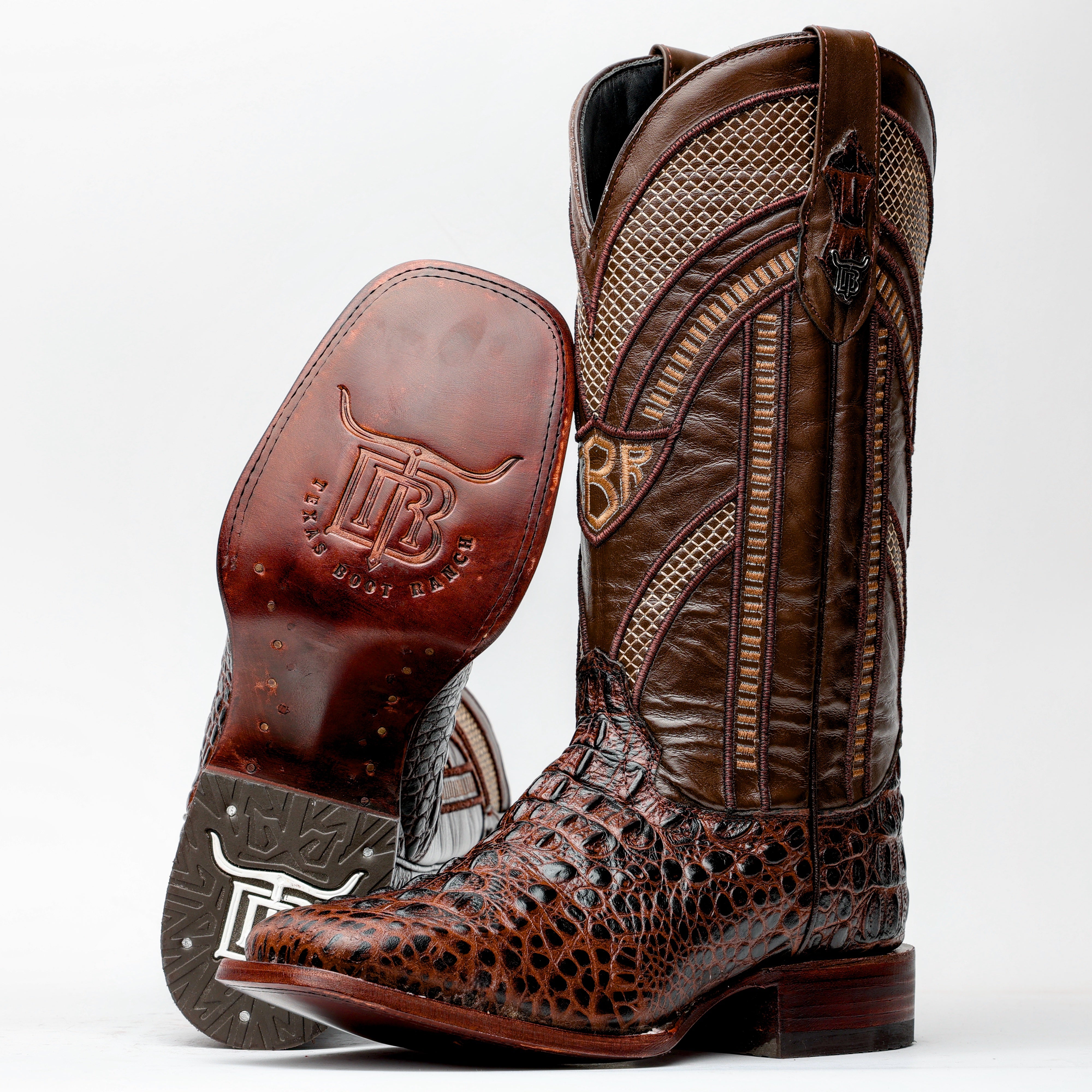 Brown Caiman Neck Leather Boots - Square Toe