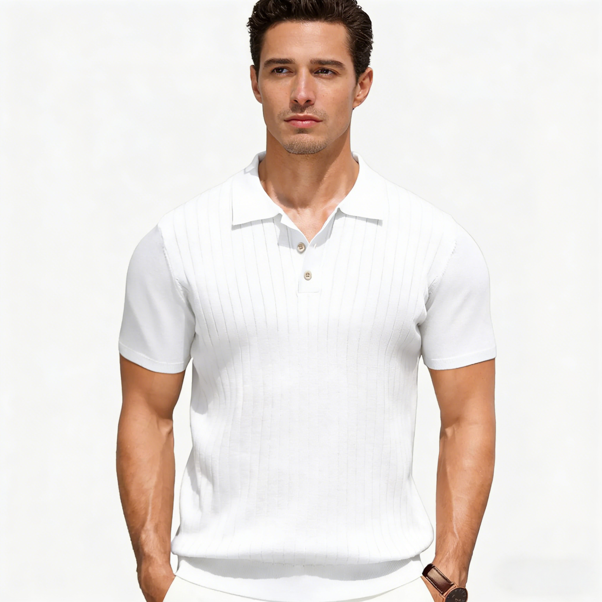 Men's Knit Polo Shirts Short Sleeve Ribbed Knitted Shirt