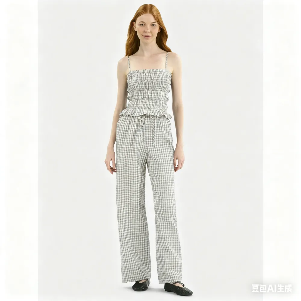 Plaid Seersucker Smocked Cami Top and Pants Set