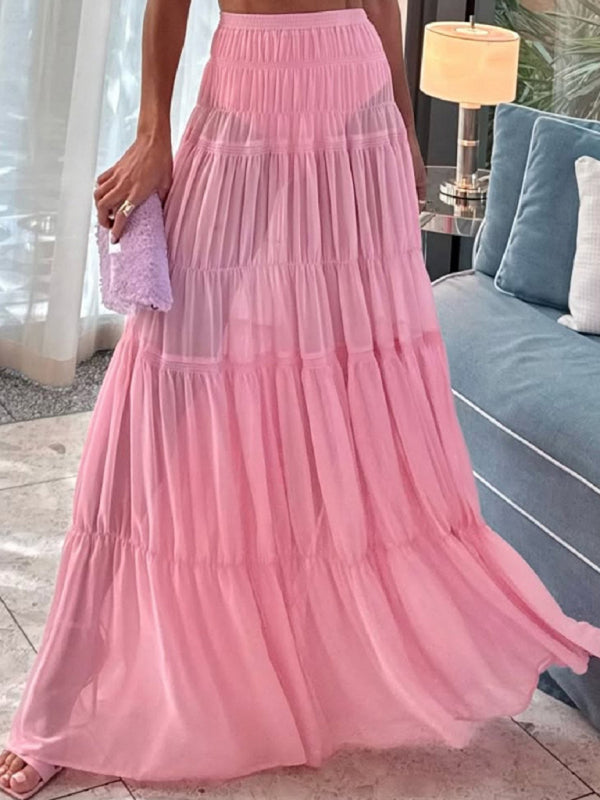 Pleated See-through Maxi Pink Skirt (with safety pants)