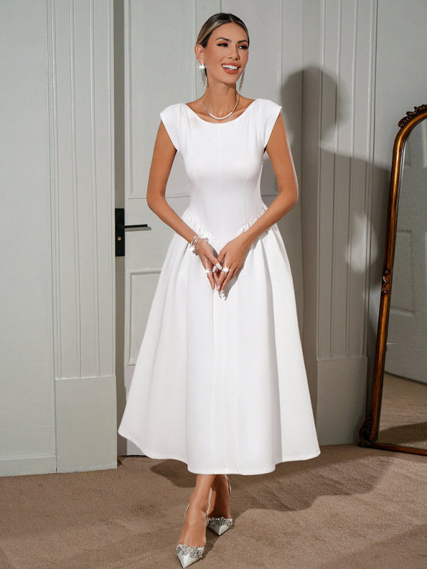 Desiree's French Elegant White A-Line Midi Dress