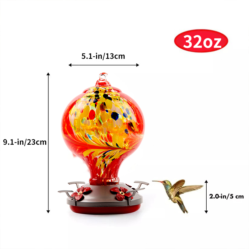 Hand Blown Glass Hummingbird Feeder  - 32 Ounces