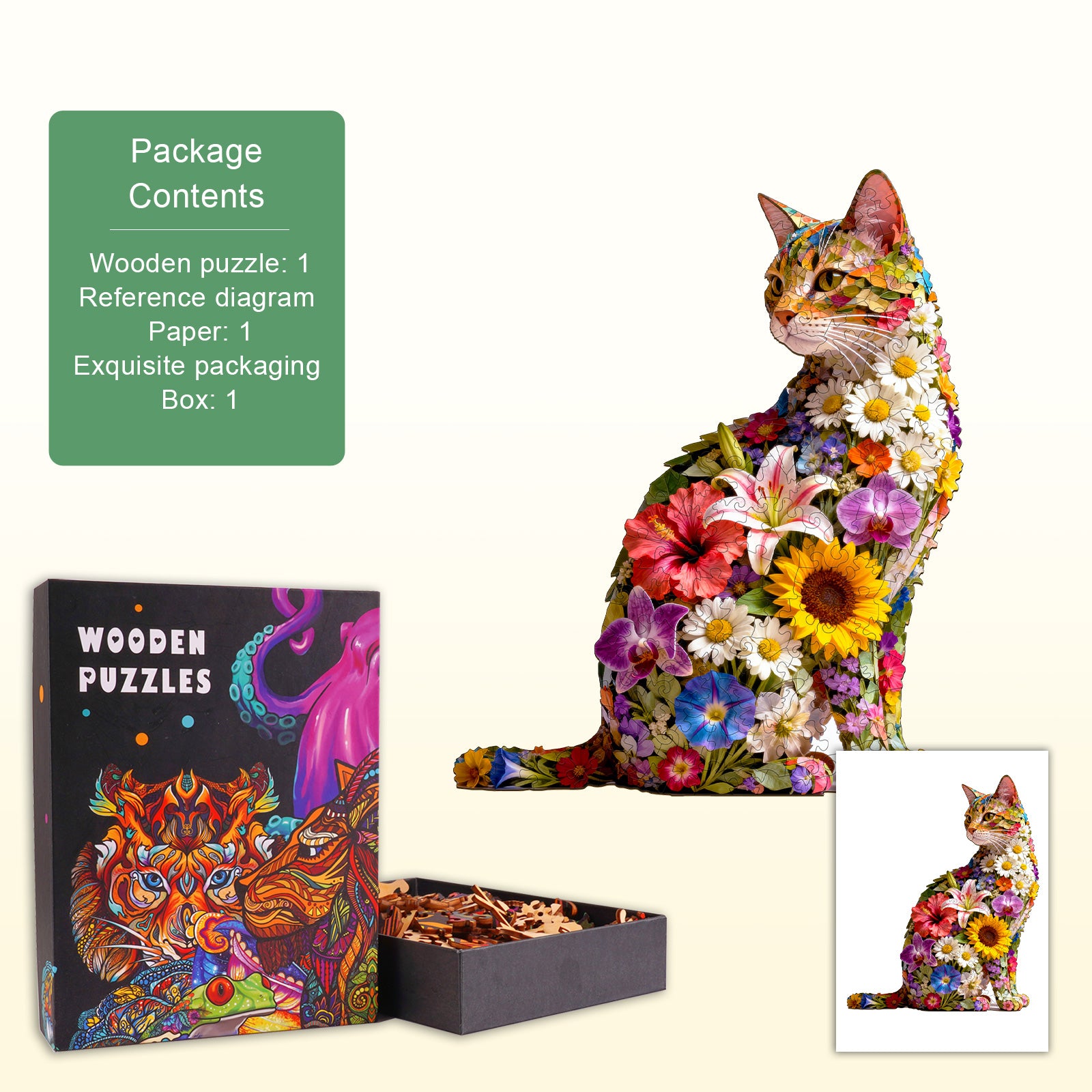 Floral cat Wooden Jigsaw Puzzle