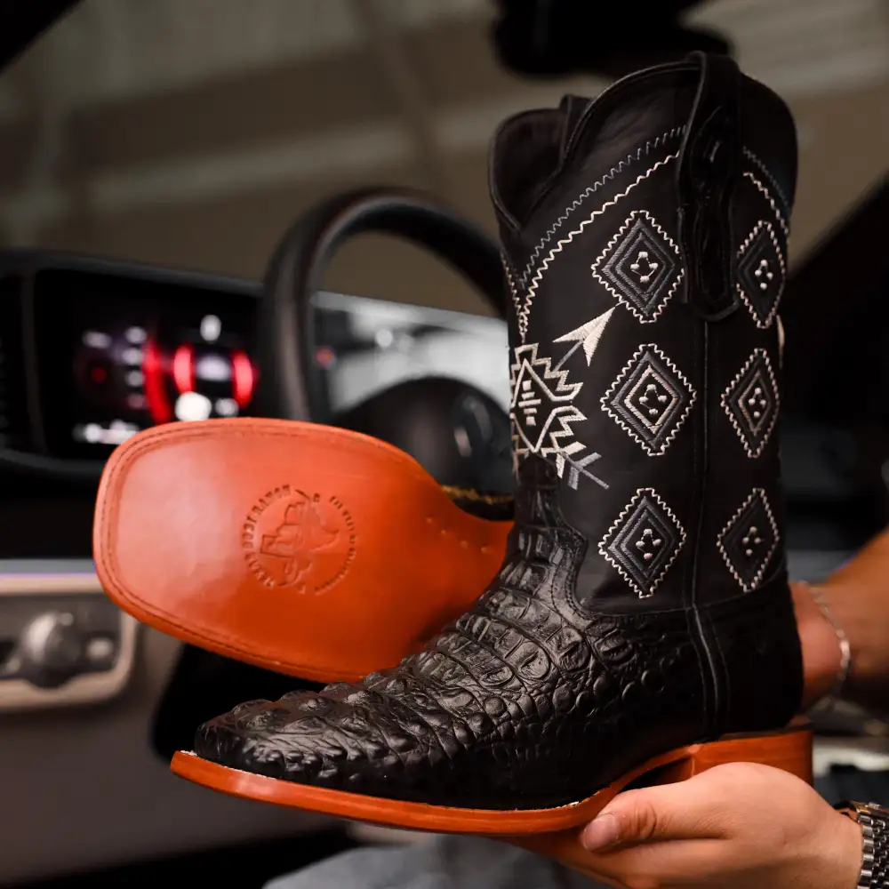 Black Caiman Neck Leather Boots - Square Toe