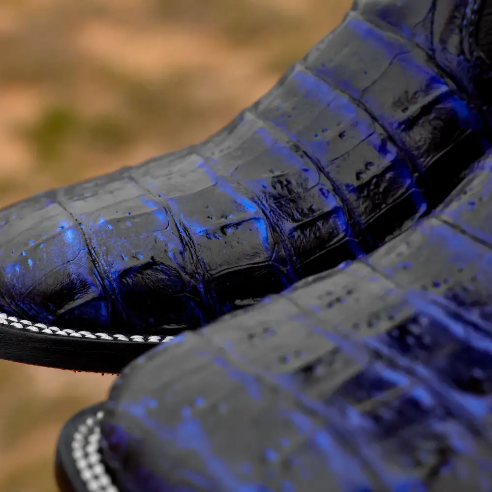 Black/Royal Blue Caiman Hornback Leather Boots - Square Toe