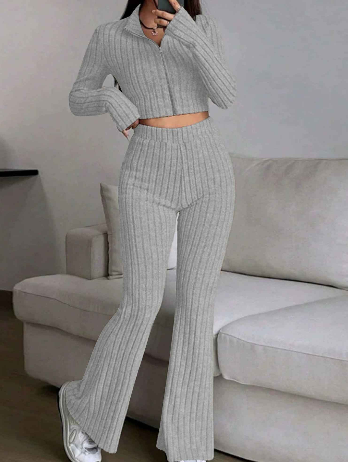 Women's Ribbed Cardigan High Waist Flare Pants Suit_CWSS01459