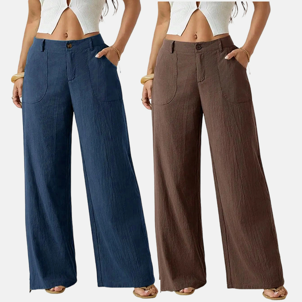 Women's Classical Linen Palazzo Pants Summer Flowy Wide Straight Leg Beach Trousers With Pocket