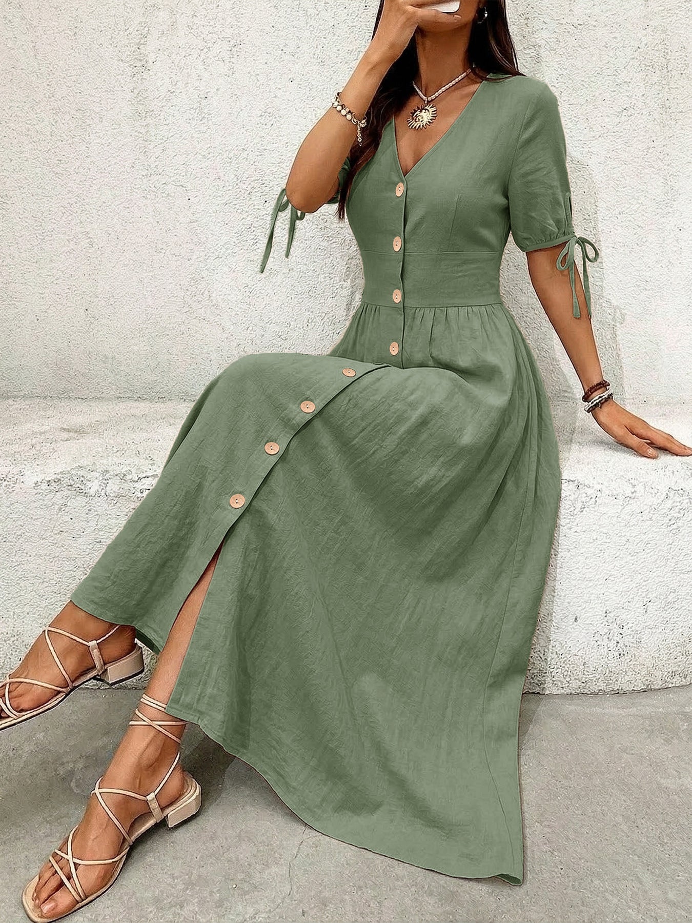 Button-Down Short Sleeve Midi Dress