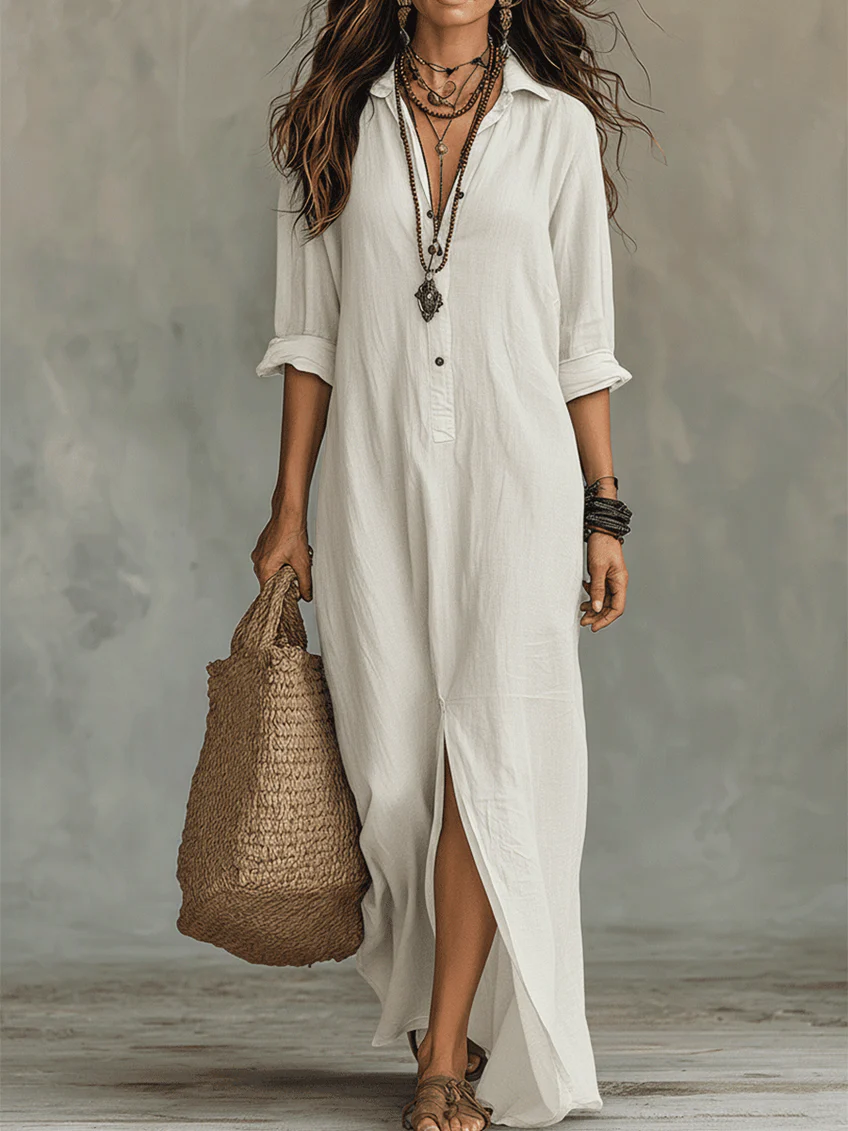 Casual Solid-color Linen-cotton Dress