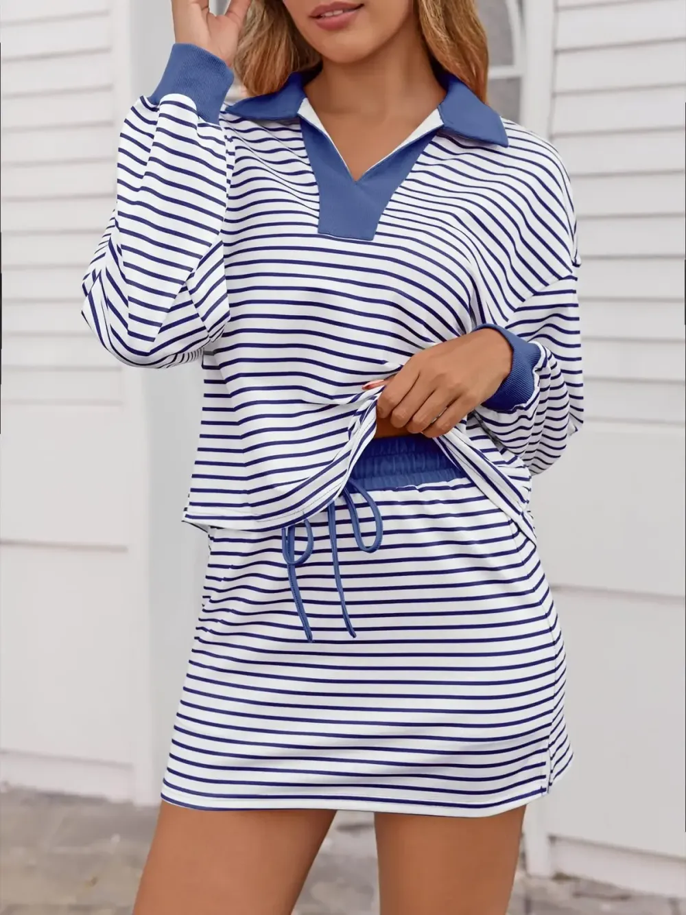 Striped 2 Piece Outfits Casual Sweatshirt Skirt Set Long Sleeve Skort Workout Set