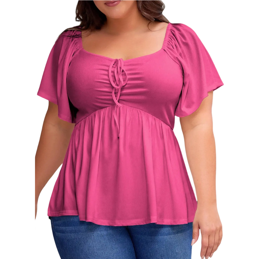 Women's Large-Sized Heart-Shaped Collar Short-Sleeved Ruffled Blouse