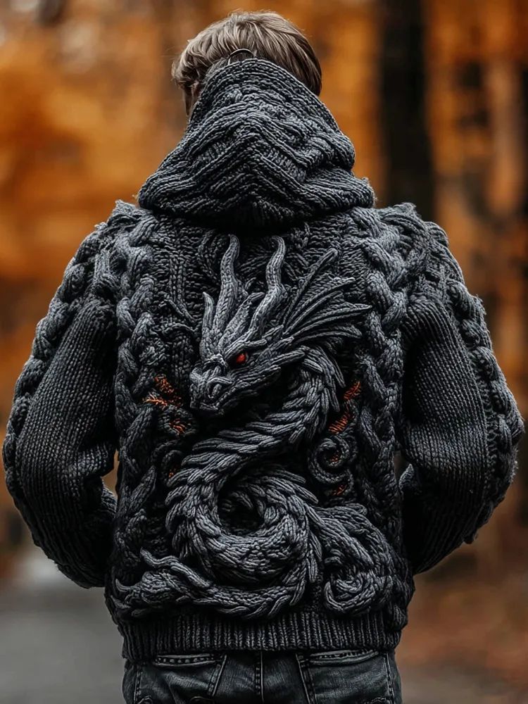Men's Viking Dragon Totem Chunky Knit Hooded Cardigan