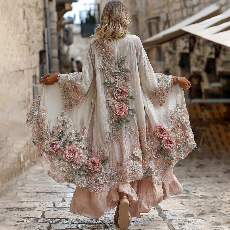 Women's Vintage Bohemian Pink Floral Embroidered Art Casual Linen Blend Long Cardigan